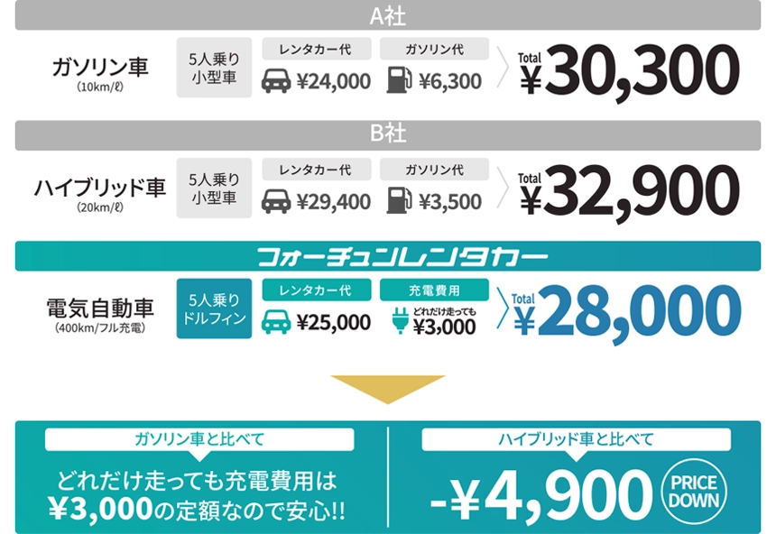 フォーチュンレンタカーの他社とのレンタル代とガソリン代の比較詳細
